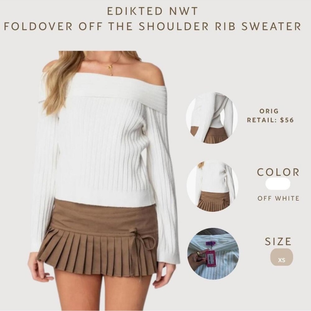 NWT Y2K Edikted White Ribbed Cowl Neck Sweater XS